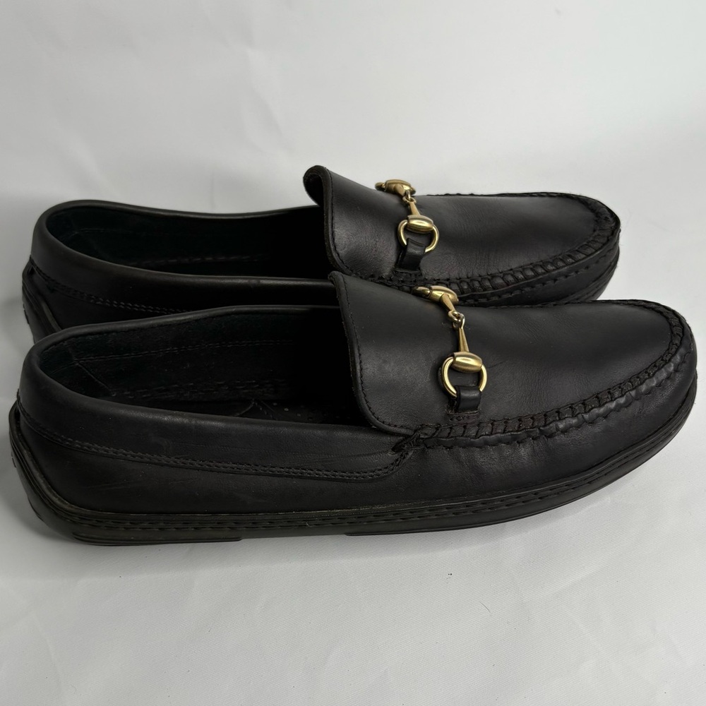 Gucci Black Leather Driver Loafer With Gold Horsebit Hardware Size 5.5
